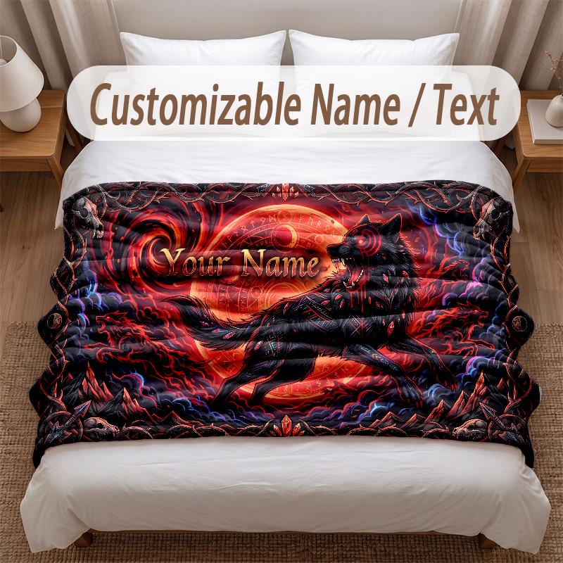 Wolf Theme Soft Blanket Personalized Custom Name Text Print Warm Blanket Home Sofa Bedroom Decor