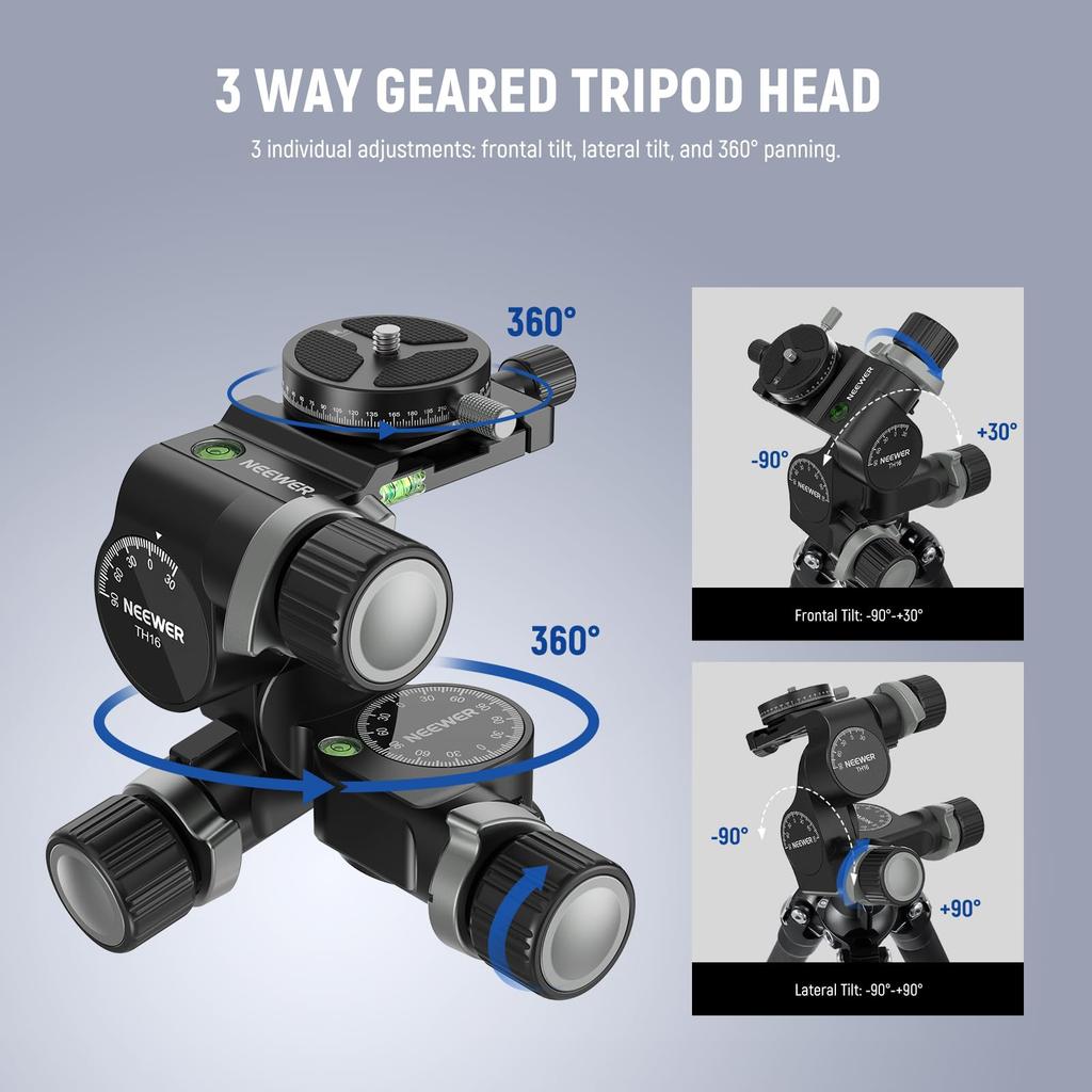 NEEWER TH16 Geared Tripod Head with Panoramic QR Aluminum Alloy Large Fine Dual Mode with Quick Maximum Load of 6kg 3-Way Head, 3-Axis Pan/Tilt