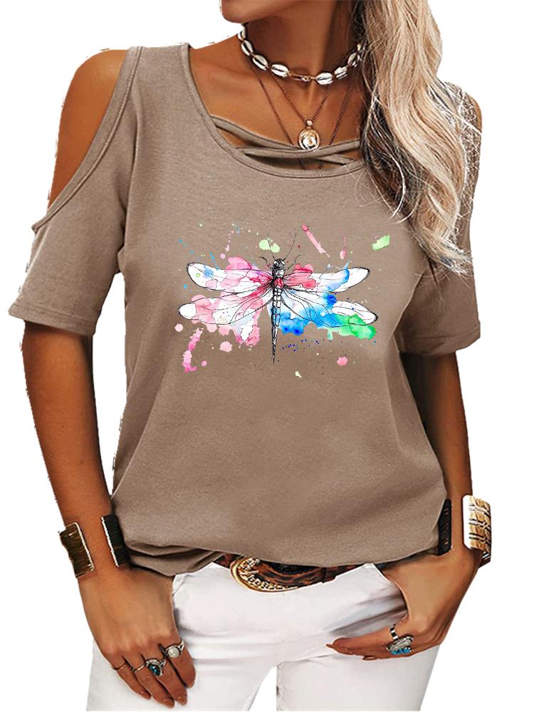 Women Fashion Short Sleeve T-shirt Casual Round Neck Summer Tee Shirt Print Off Shoulder Top