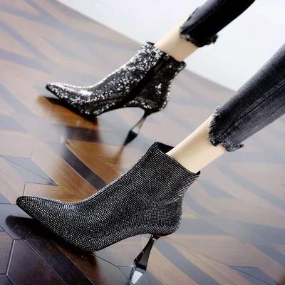 Short Boots for Women's New Versatile Rhinestone Pointed Thin Heel Short Tube Mesh Red Slim High Heels Shoes