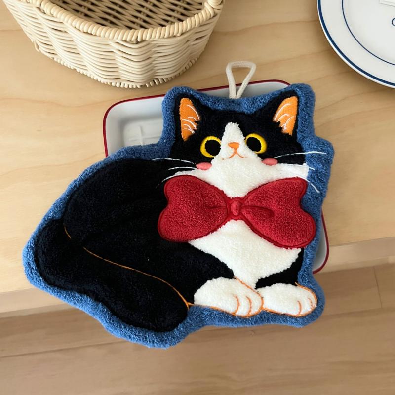 Cartoon Coral Velvet Hand Towel For Kitchen Kawaii Cat Hand Wipe Cleaning Cloth Bathroom Hanging Towel Absorbent Clean Rag
