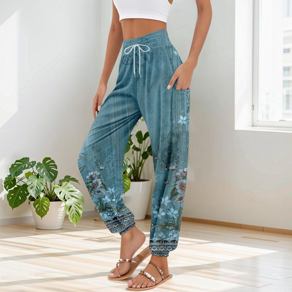 Women's Pocket Drawstring Trousers High Waist Yoga Retro Print Casual Pants