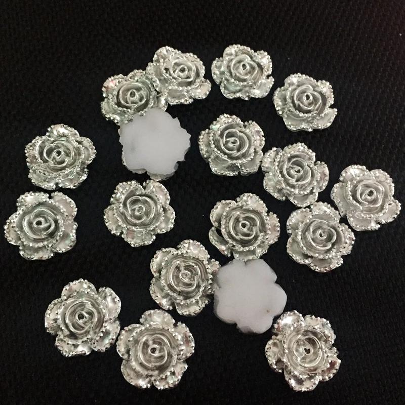 40 STÜCKE 14mm Silber Blume Rose Harz Strass Flatback Cabochon Stein DIY Handy/Schmuck Scrapbooking Zubehör HA353