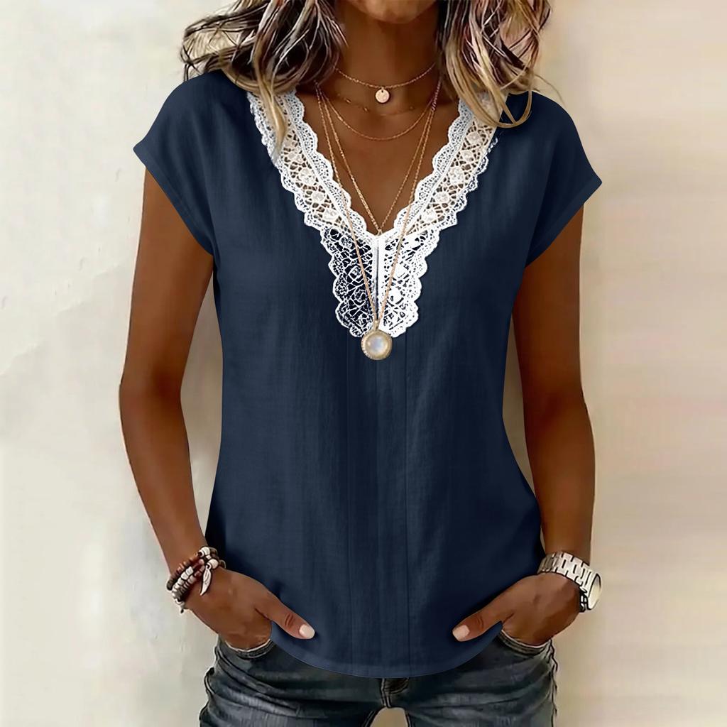 Women Casual Pullover Top V Neck Lace Trim Stitching Short Sleeve Blouse Lightweight Loose Fit Shirt for Everyday Wear