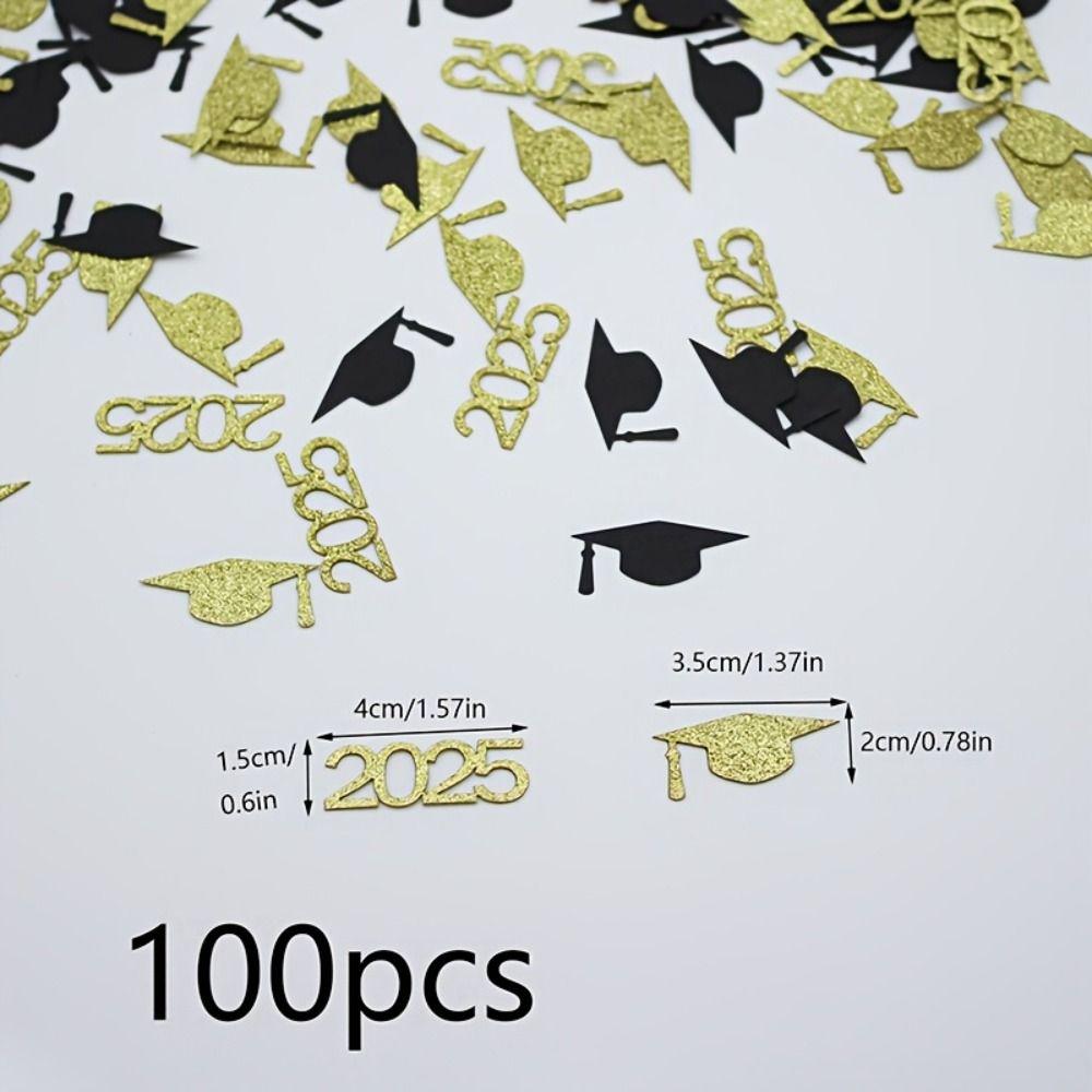 100PCS Cardstock 2025 Graduation Cap Confetti Black & Golden Paper Scatter Decor  Grad Parties