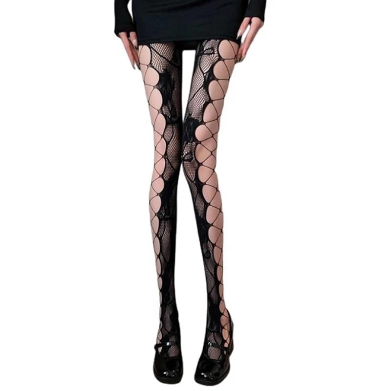 Damen Fischernetz Cosplay Jk Strümpfe Gemustert Hoher Bund Fischernetz Nachtclub Party Strumpfhosen Ausgeschnitten Floral Oberschenkelhoch Strumpfhosen One Size gray