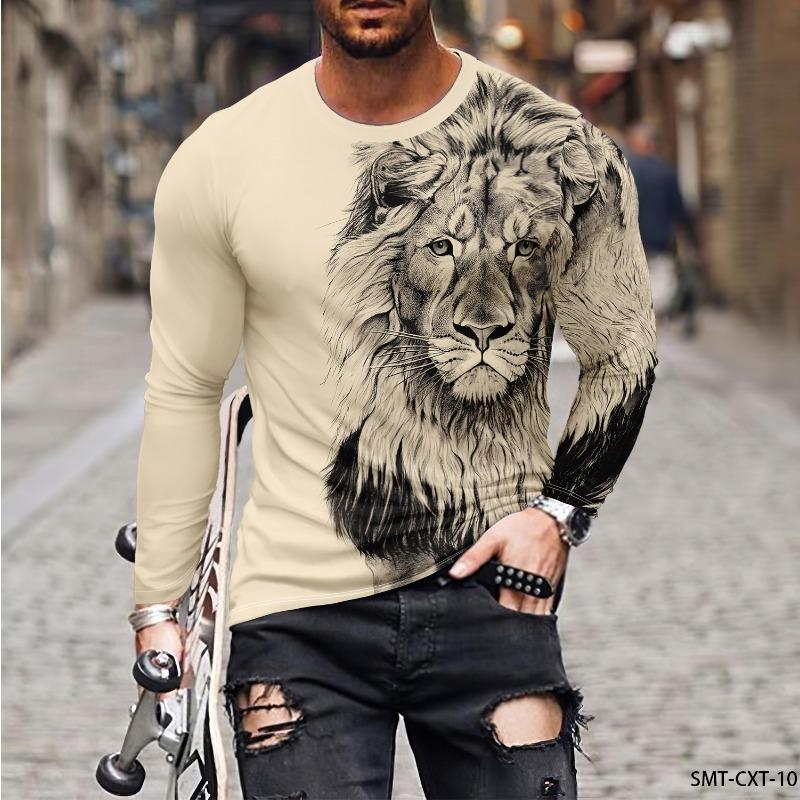 Vintage Animal Lion 3d Print Summer Men's Round Neck T-shirt Casual Long Sleeve Oversized T Shirt Fashion Pullover Men Clothing