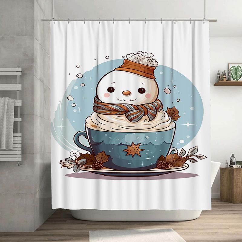 

Tuniu Cute Christmas Coffee Cup Bathroom Shower Curtain Festive Holiday Decor Cozy Winter Themed Waterproof Fabric Home Decor W60H190(CM)-1 Pcs