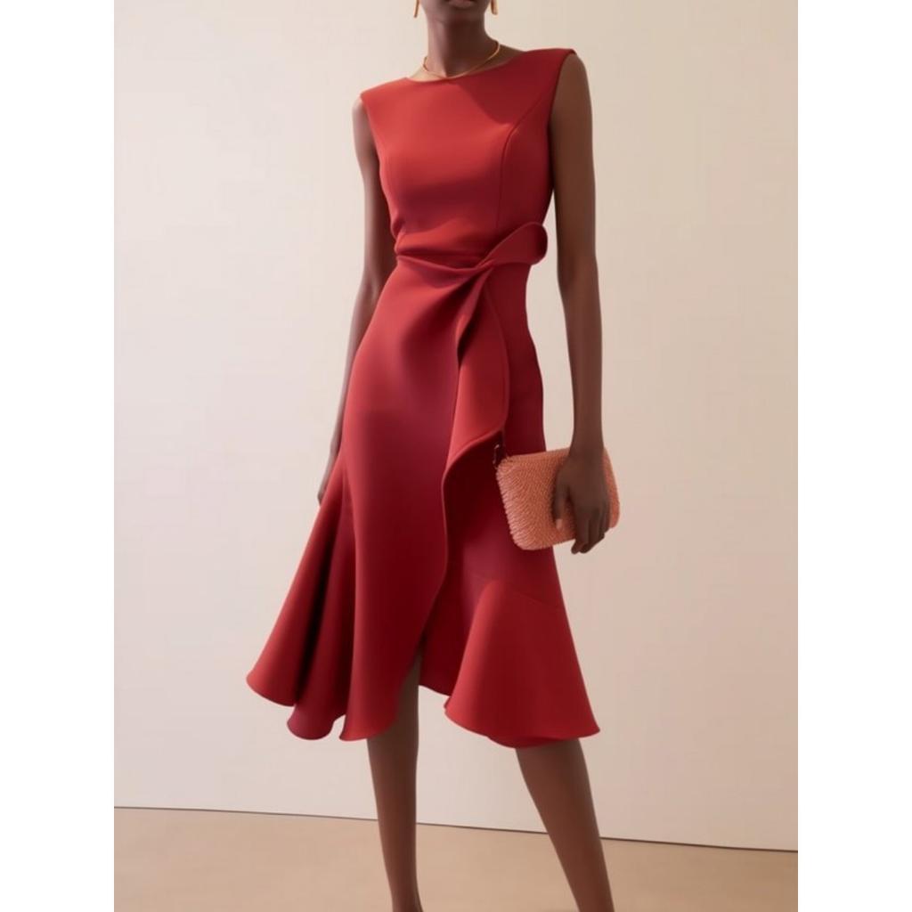 Women's Elegant Red Sleeveless Round Neck Evening Dress Gown for European and American