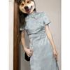 Women's Sweet Blue Modified Qipao Dress, Chinese Style Waist-Slimming Satin Jacquard Midi Dress For Elegant Occasions