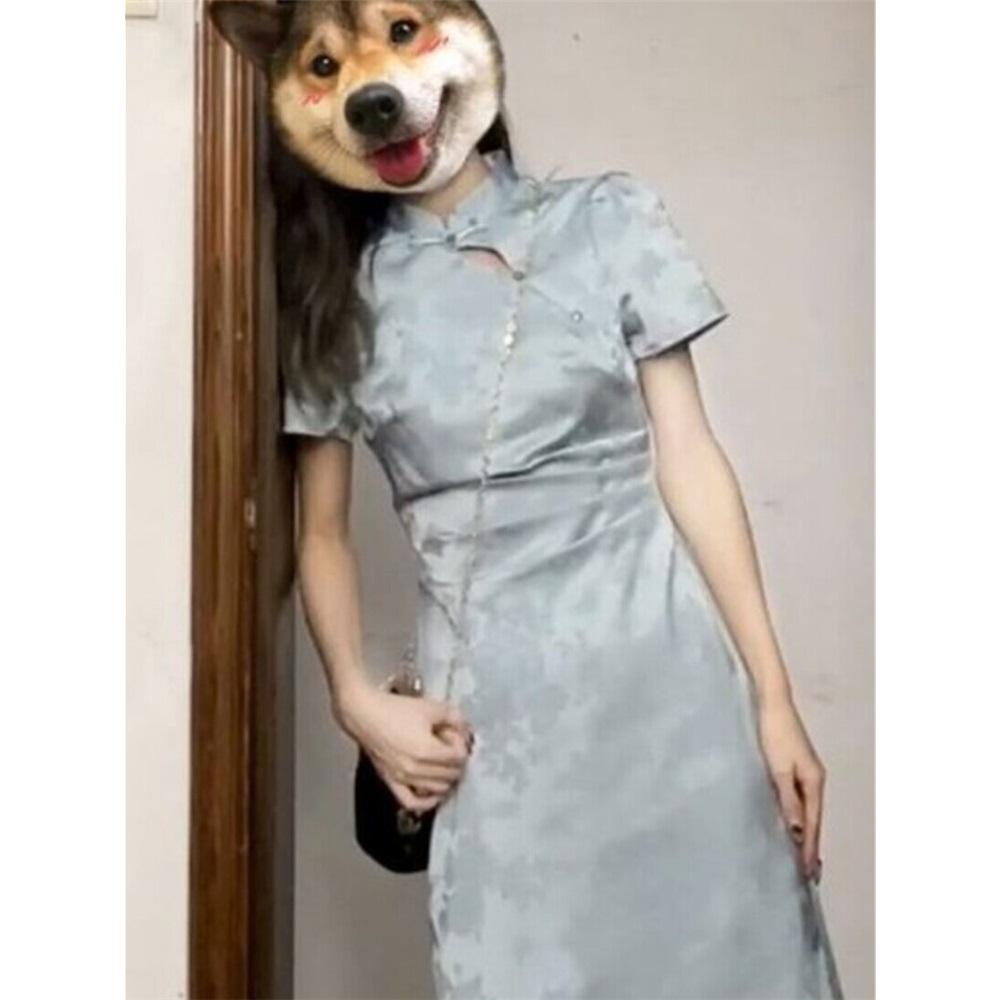 Women's Sweet Blue Modified Qipao Dress, Chinese Style Waist-Slimming Satin Jacquard Midi Dress For Elegant Occasions
