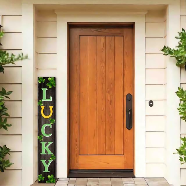 St. Patrick's Wooden Porch Decor 8”x48” Lucky Sign with Shamrock Porch Leaner Welcome Porch Sign for St. Patrick's Day Standing Hanging Home