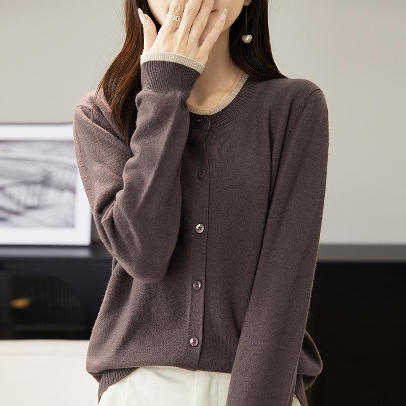 Women's 2024 Spring/Autumn Wool Knit Cardigan - Round Neck Cashmere Sweater Top