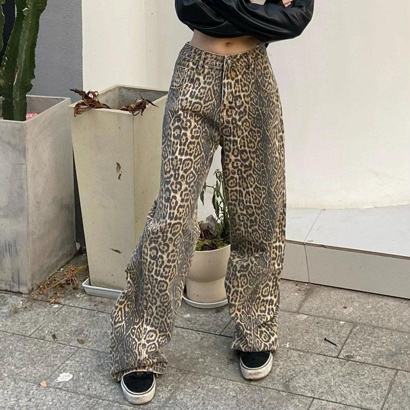 Retro High Street Casual Overalls Leopardenmuster Lockere Hose mit weitem Bein für Damen Y2k Hip-Hop Cargo Grunge Baggy Hose