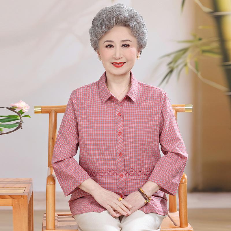 Vintage 60s-80s Grandma Cotton Blouse: Spring/Summer Seven-Sleeve Top for Elderly Women