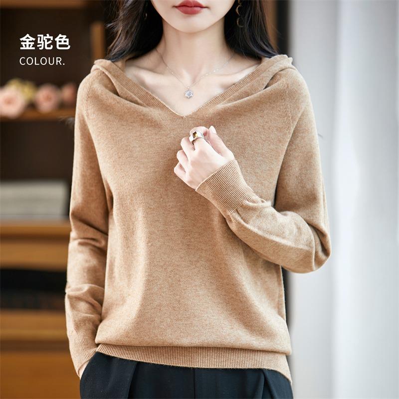 Women S Loose Hooded Long Sleeve Knit Sweater Color Block Commute Style