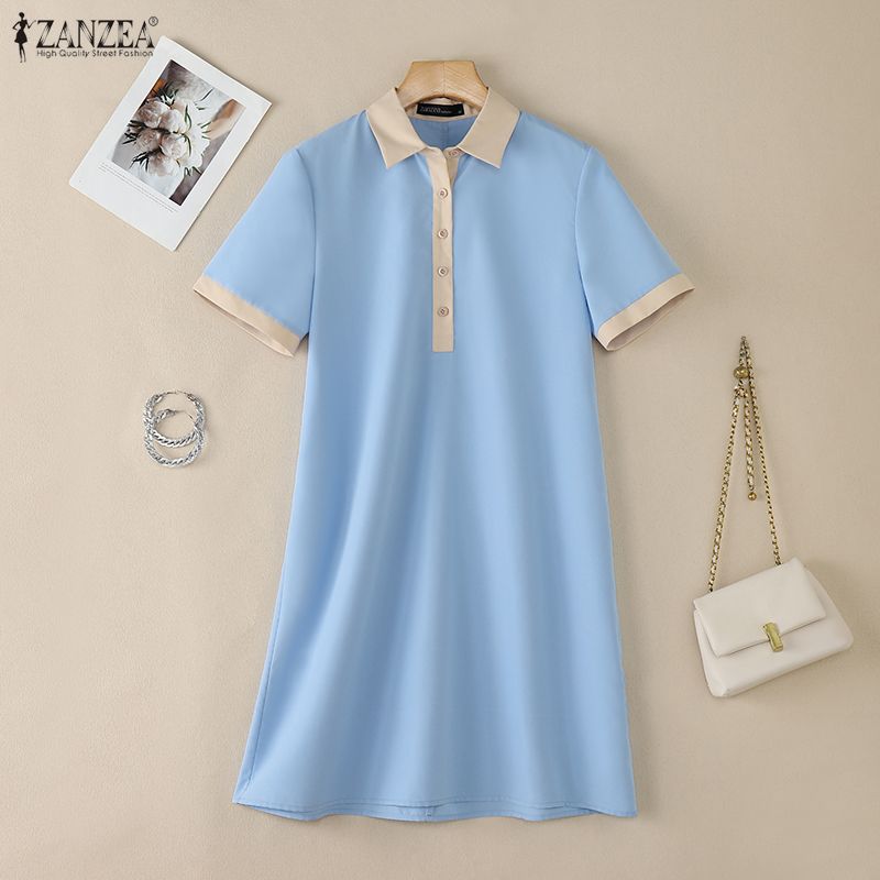 ZANZEA Women Casual Turn Down Collar Short Sleeve Shirt Dress