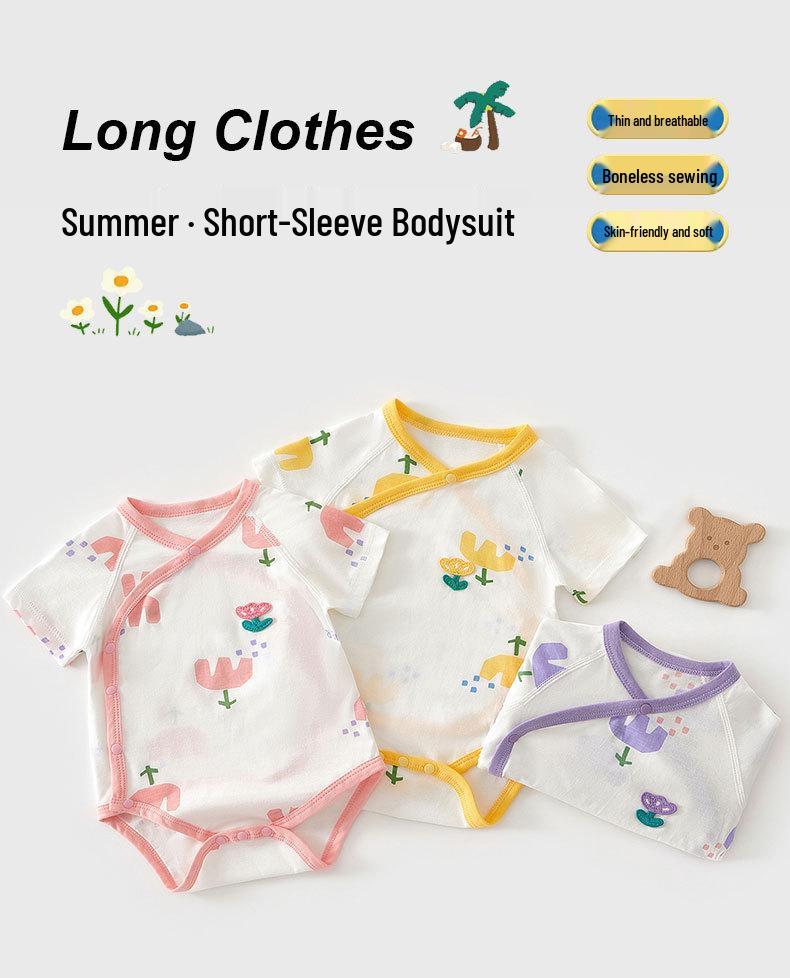 Pure Cotton Short Sleeve Baby Romper - Summer Thin Style for Boys and Girls, One-Piece Triangle Air Conditioning Suit