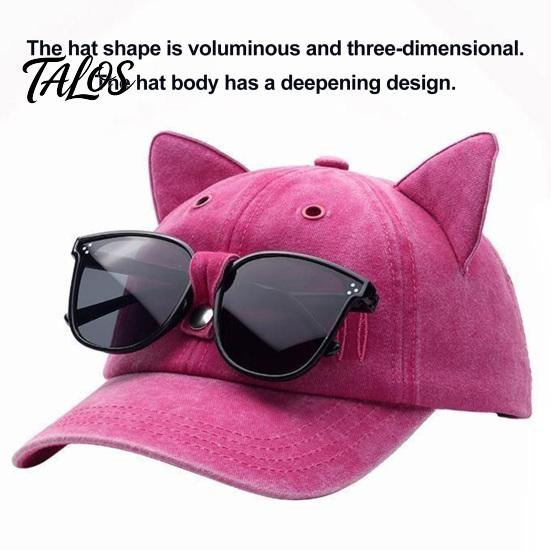 Cat Ear Trucker Hat Hat, Baseball Cap with Detachable Sunglasses, Funny Aviator Style Adjustable Pilot for Outdoor Travel UV Protection Sun Sunglasses