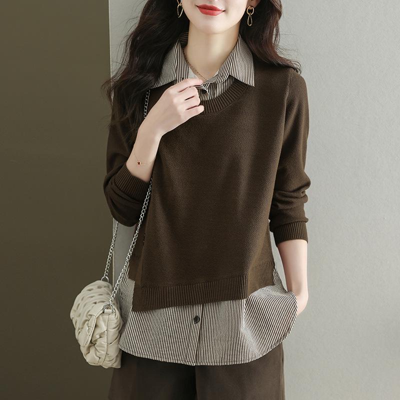 Women's Fake Two-Piece Knit Top with Shirt Collar - Stylish Autumn 2025 Sweater