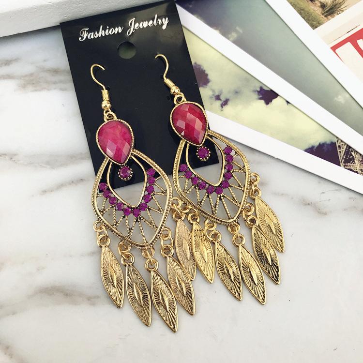 Vintage court gem set earrings long temperament bohemian earrings niche earrings women
