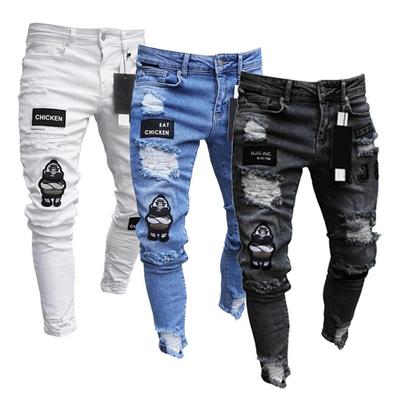 ZYLLO White Embroidery Skinny Ripped Jeans Men Cotton Stretchy Hole Slim Fit Hip Hop Denim Pants Casual Jeans for Men Jogging Trousers