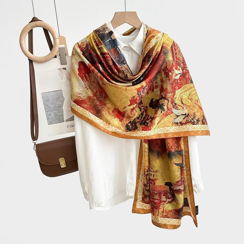 Guofeng Dragon Scale Pattern Turtle Crack Double-Sided Large Square Towel [180 * 70] Fashionable Versatile Silk Square Towel