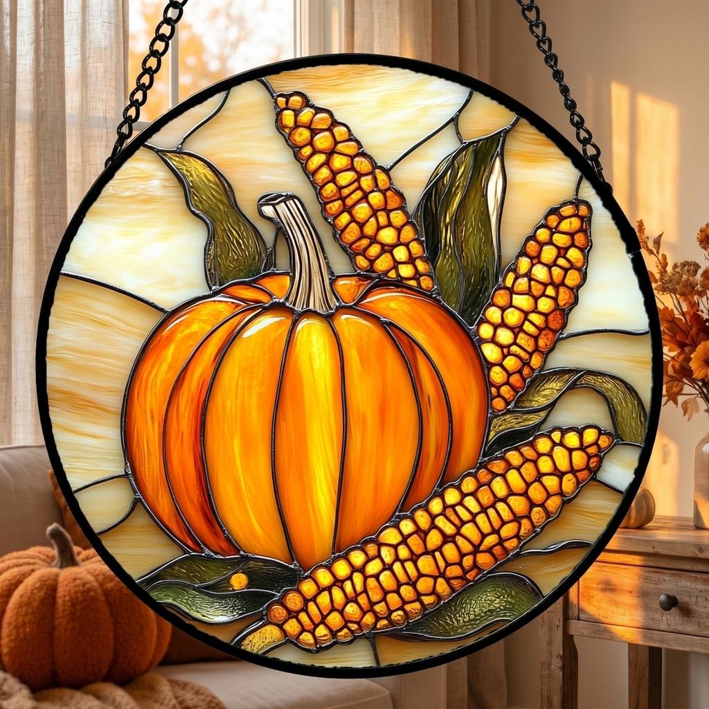Round Stained Glass Hanging Ornament with Pumpkin and Corn Design for Window Decoration Indoor Outdoor Use