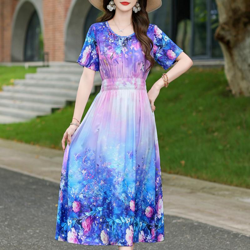 Elegantes Damenkleid Sommer Vintage Kleidung Lässig Kurzarm Lange Kleider