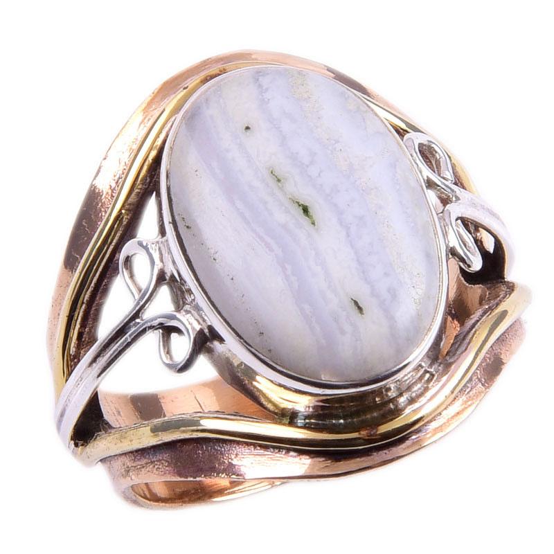 Natural Blue Lace Agate Gemstone 925 Sterling Silver Two Tone Ring Size 6.5 B3a55