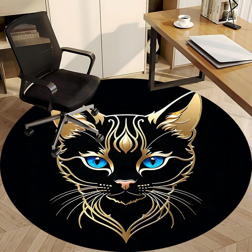 1pc Golden Feline Office Round Area Rug, Indoor Mat Suitable ForOffice, Under Office Chairs Bedroom Living Room Home Decor, Room Deco T120