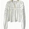 European and American Style Women's Embroidered Hollow Lantern Sleeve Shirt Women's Loose Fringed V-neck Long-sleeved Design Top