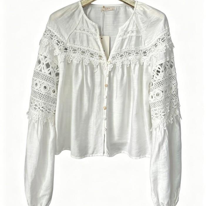 European and American Style Women's Embroidered Hollow Lantern Sleeve Shirt Women's Loose Fringed V-neck Long-sleeved Design Top