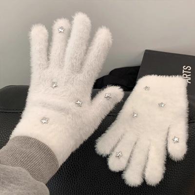 White Soft Plush Gloves Women Winter Warm Coral Fleece  Gloves Girls Korean Full Finger Thicken Furry Glove Mittens