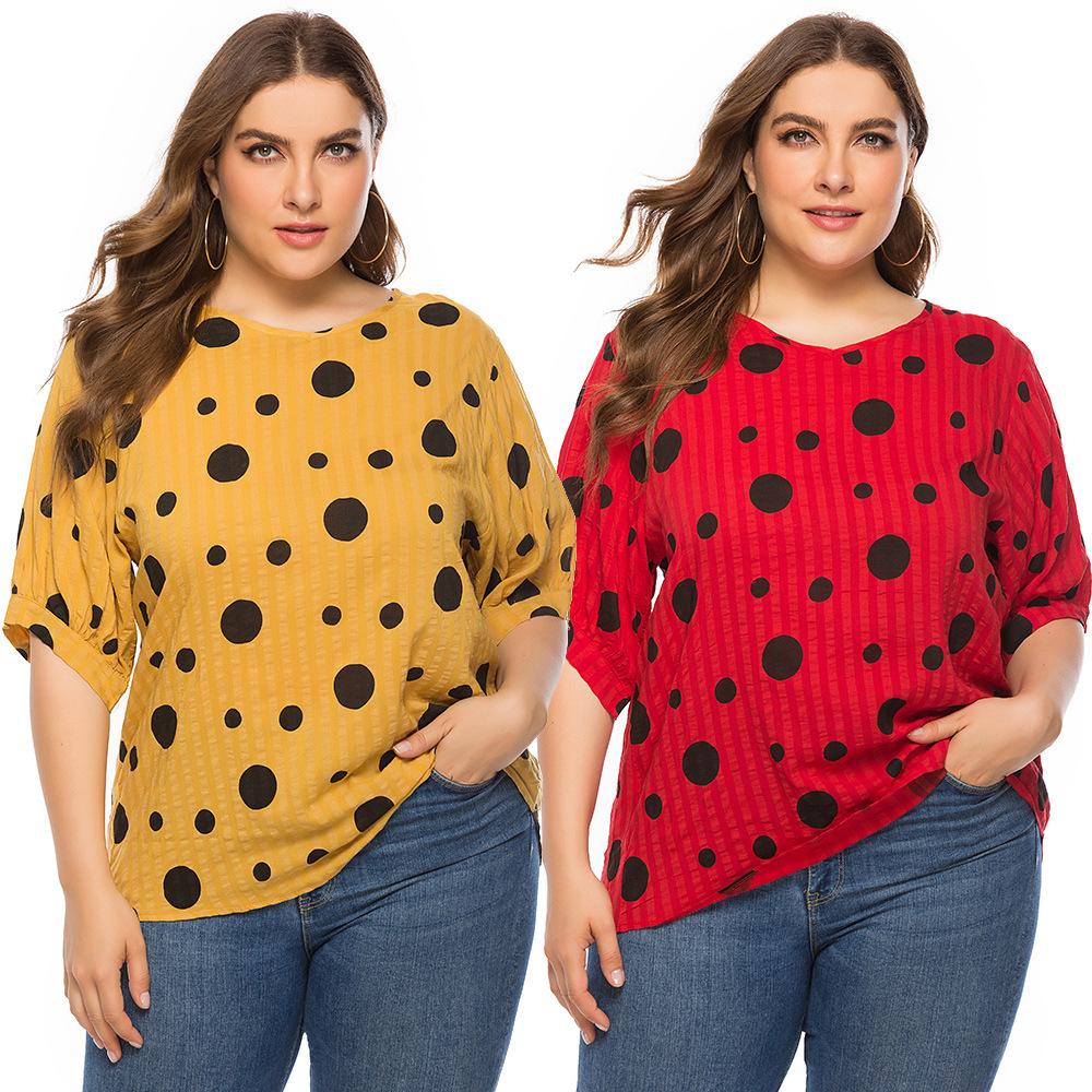 Sommerskjorte for kvinner Stor størrelse Polka Dot Print Løs Uformell kortermet T-skjorte