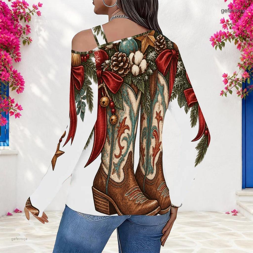Women Plus Size Asymmetric Cutout Neck Cold Shoulder Long Sleeve Christmas Cowboy Boot Print Top