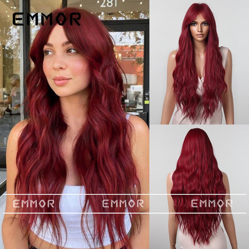 Rose Red Long Cosplay Wig with Bangs - European/American Style, Curly, Realistic, Full Head