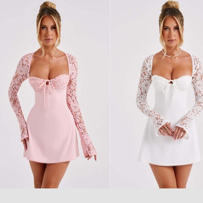 Autumn and winter new European and American sexy lace long-sleeved dress backless lace-up