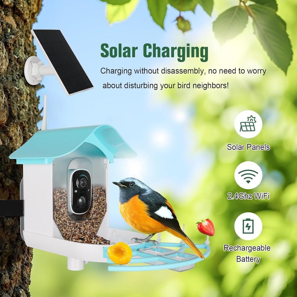 Bird Feeder with Camera AI Identify Birds Species Solar Powered Auto Record Videos in Backyard Instant Notifications Bird Lovers