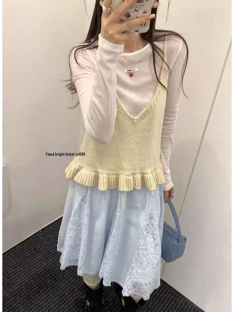 Women s Chic French Lace Faux Wool Knit Camisole Top One Size