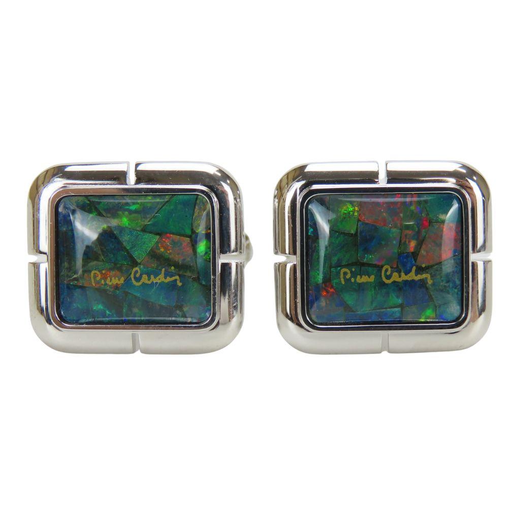 Used Pierre Cardin cuffs metal Silver Green system Cufflinks and Tie pin set