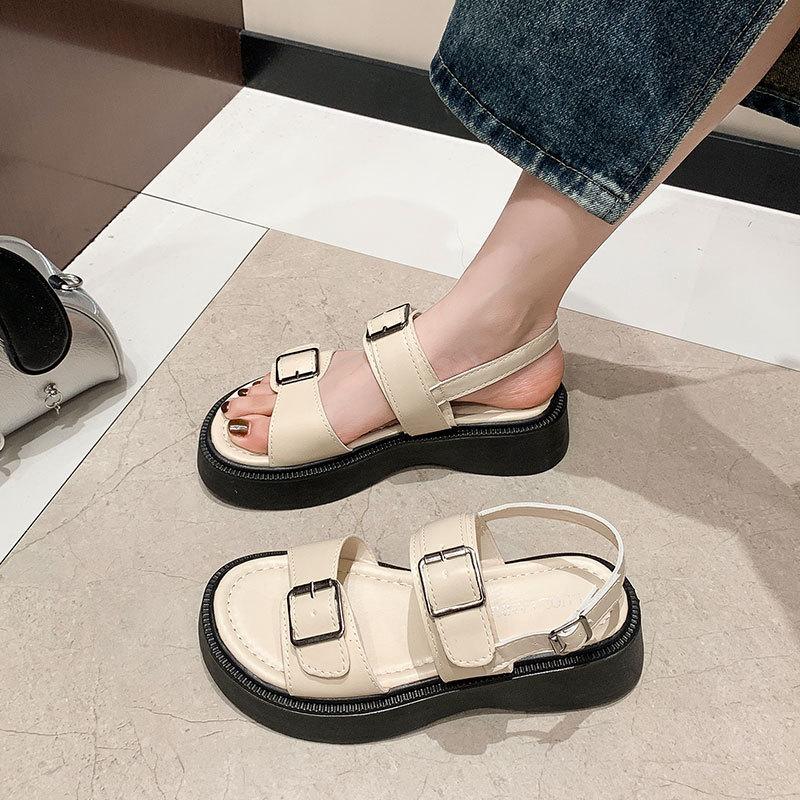 Muffin thick-soled one-word sandals women's summer new belt buckle versatile student casual Roman shoes