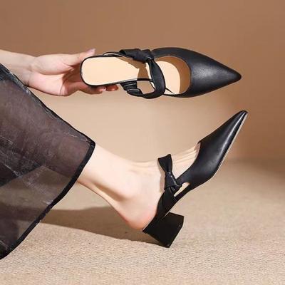 Tasche Spitz und Halbschlepp Damen Xia Neues Temperament Spitzschuh Flacher Ausschnitt Einriemen Blockabsatz Kittenheel Schuhe