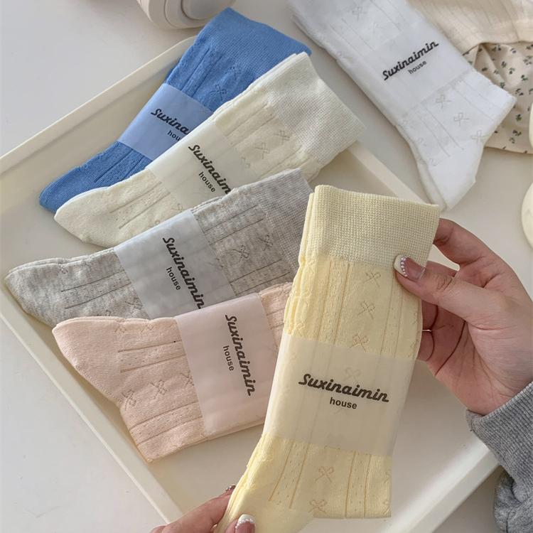 Korean Style Women Socks Cute Bow Lolita Sweet Girls Kawaii Middle Tube Socks Hollow Out Mesh Breathable Solid Color Long Socks