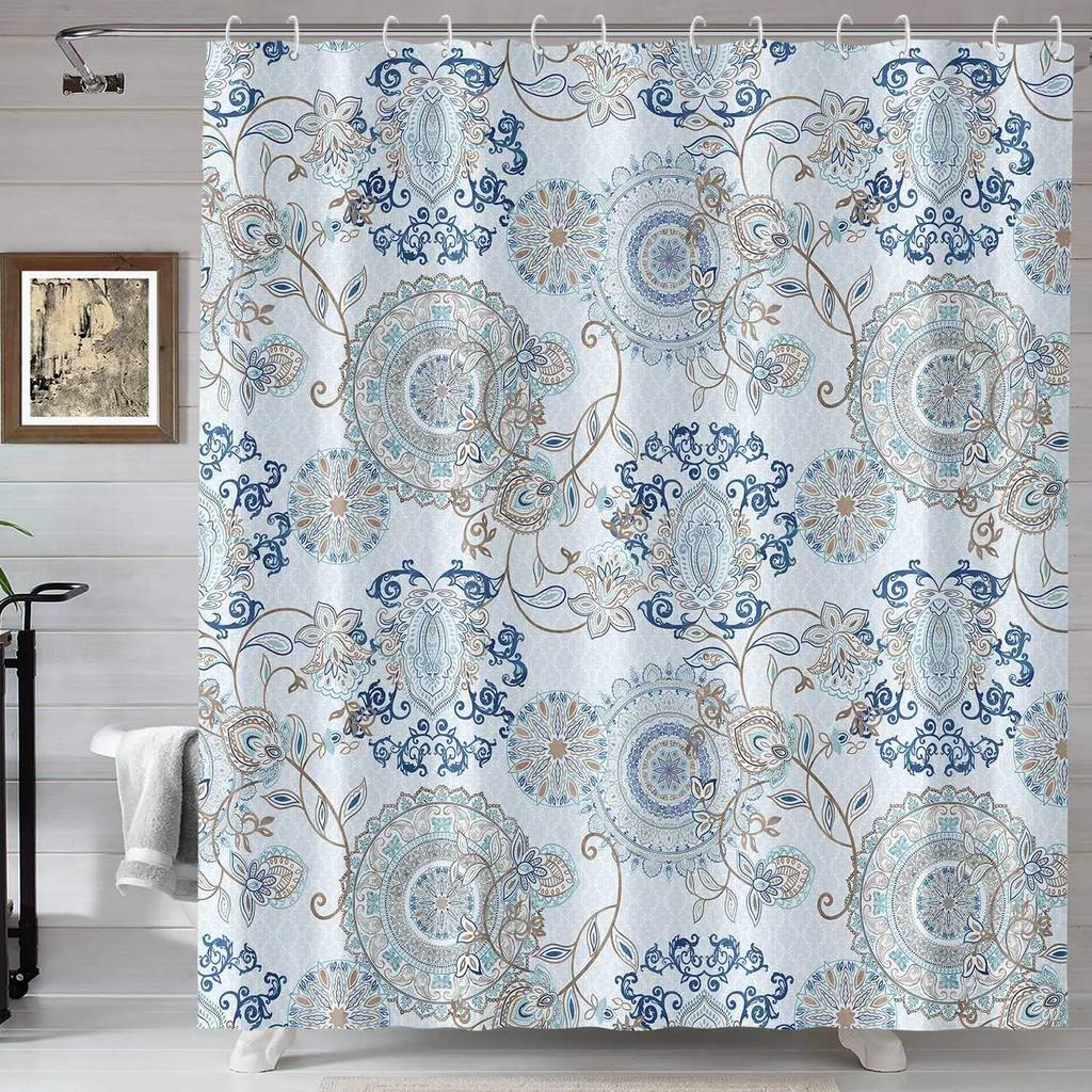 Blue Floral Shower Curtain Watercolor Flower Bath Curtain Polyester Fabric Waterproof Bathroom Curtains With Hooks Bath Screen