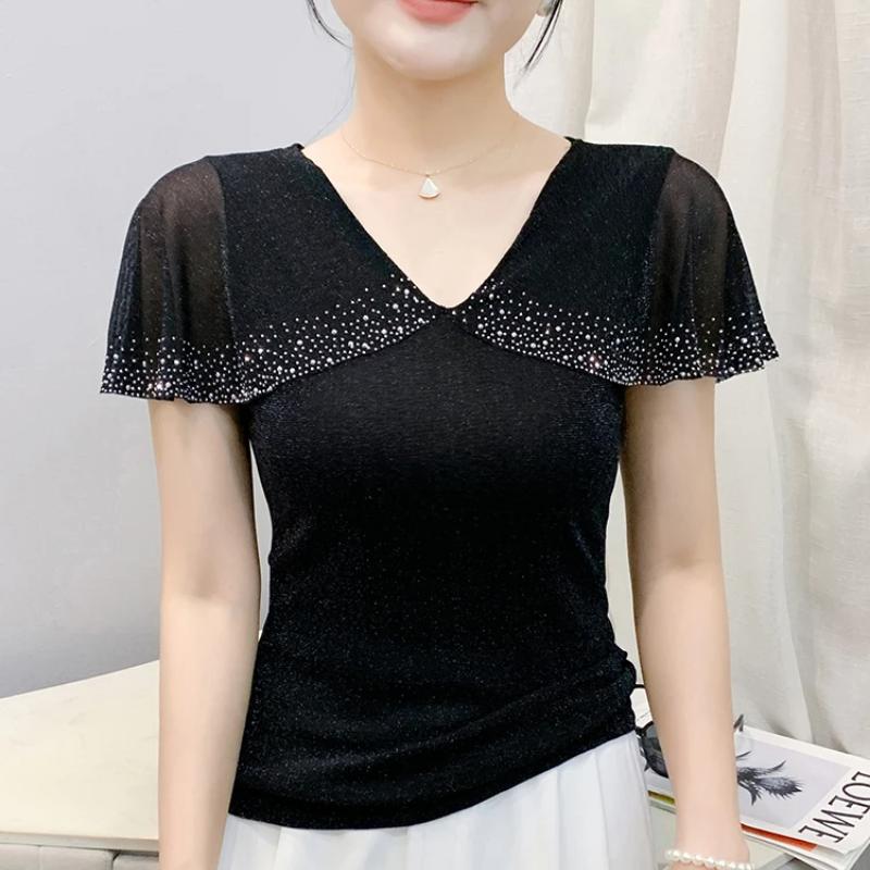 New European Women's T-Shirt Clothes Sexy V-Neck Chic Ruffles Hot Diamonds Tops Shirts Summer Short Sleeve Slim Mesh Tees
