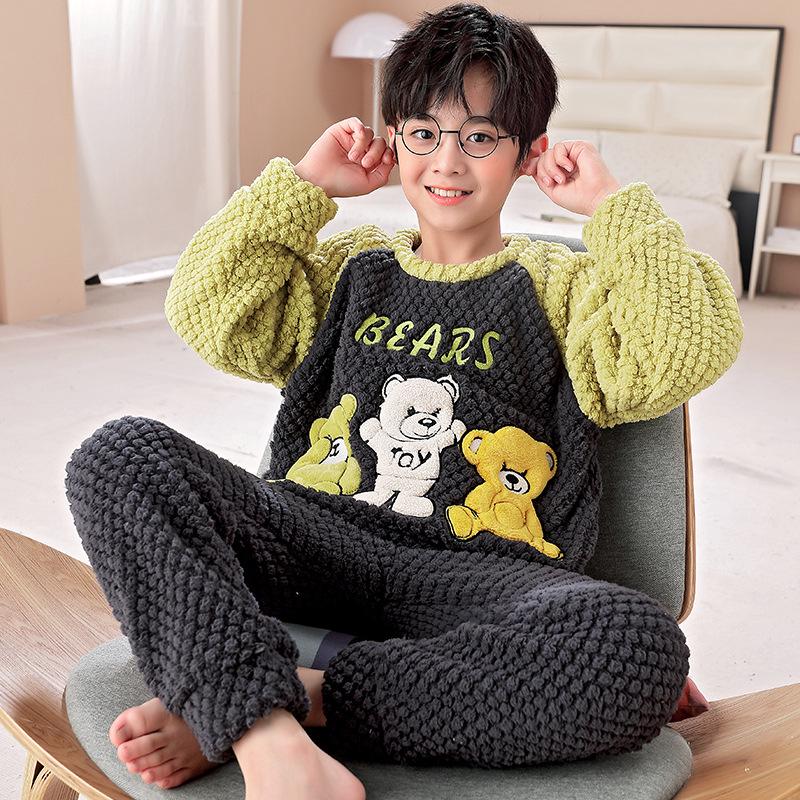 Flanell-Cartoon-Pyjama für Jungen - Langärmlig, Rundhalsausschnitt, Korallenfleece, Herbst/Winter