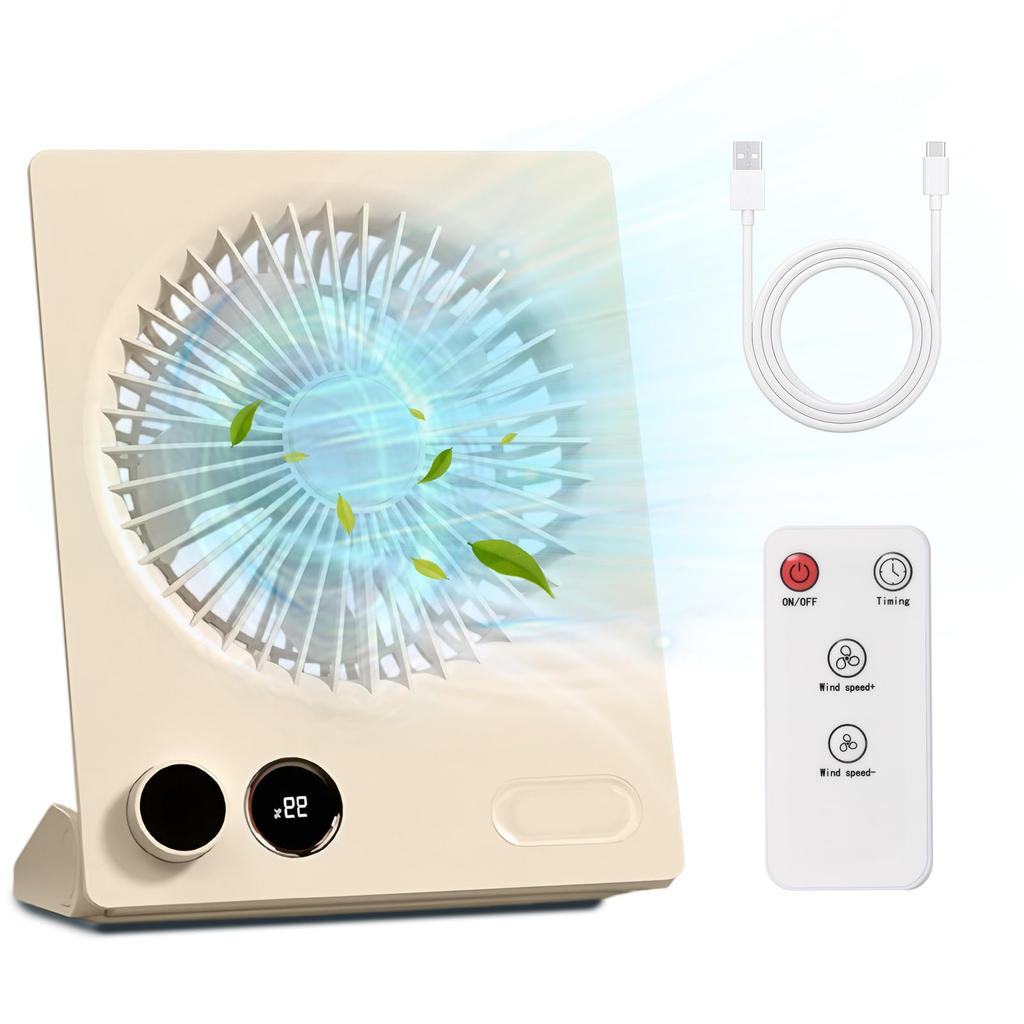 YAMOOCO Small Rechargeable Desk Fan with 5 Soft 4000mAh and LCD Battery Level USB Fan with Stepless Airflow and Angle Foldable and for and Outdoor Use