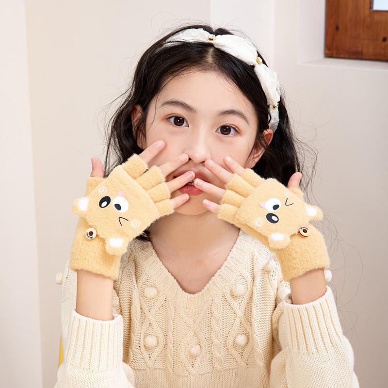 1 Pair Kids Flip Mittens with Finger Caps Winter Warm Gloves with Cartoon Print Breathable Five-Finger Design for Boys Girls