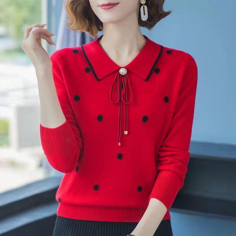 Spring and Autumn Middle-aged Mothers Wear Tops, Pullover Lapels, Western-style Sweaters, Knitwear, All-match Bottoming Shirts